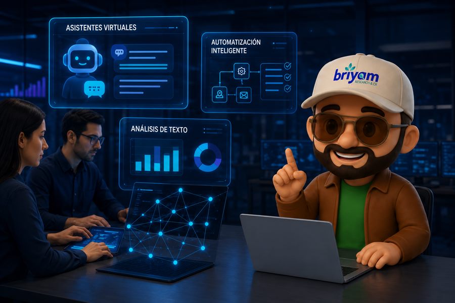 Equipo trabajando con asistentes virtuales y análisis de texto